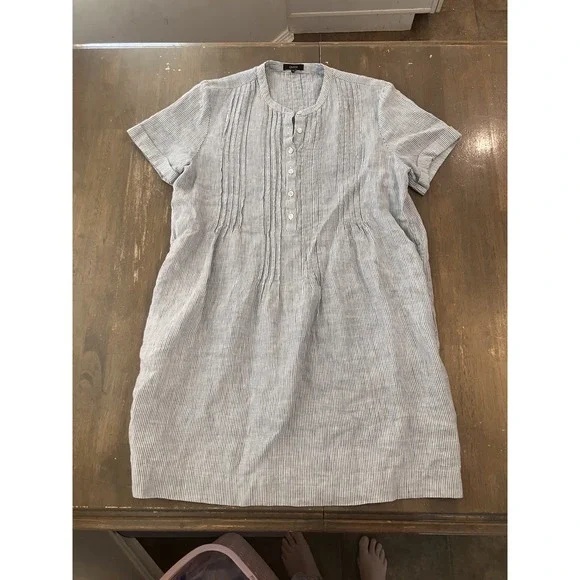 Quince Blue Pinstripe Swing Dress 100% European Linen With Pockets Button Medium - Picture 5 of 11